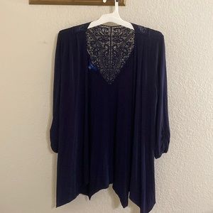 Dark navy blue open front cardigan with detailed back opening